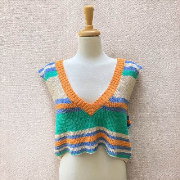 Free People Beach Marsha Striped Sweater Vest Sz XL Cropped Green Coastal Boho - Picture 1 of 12